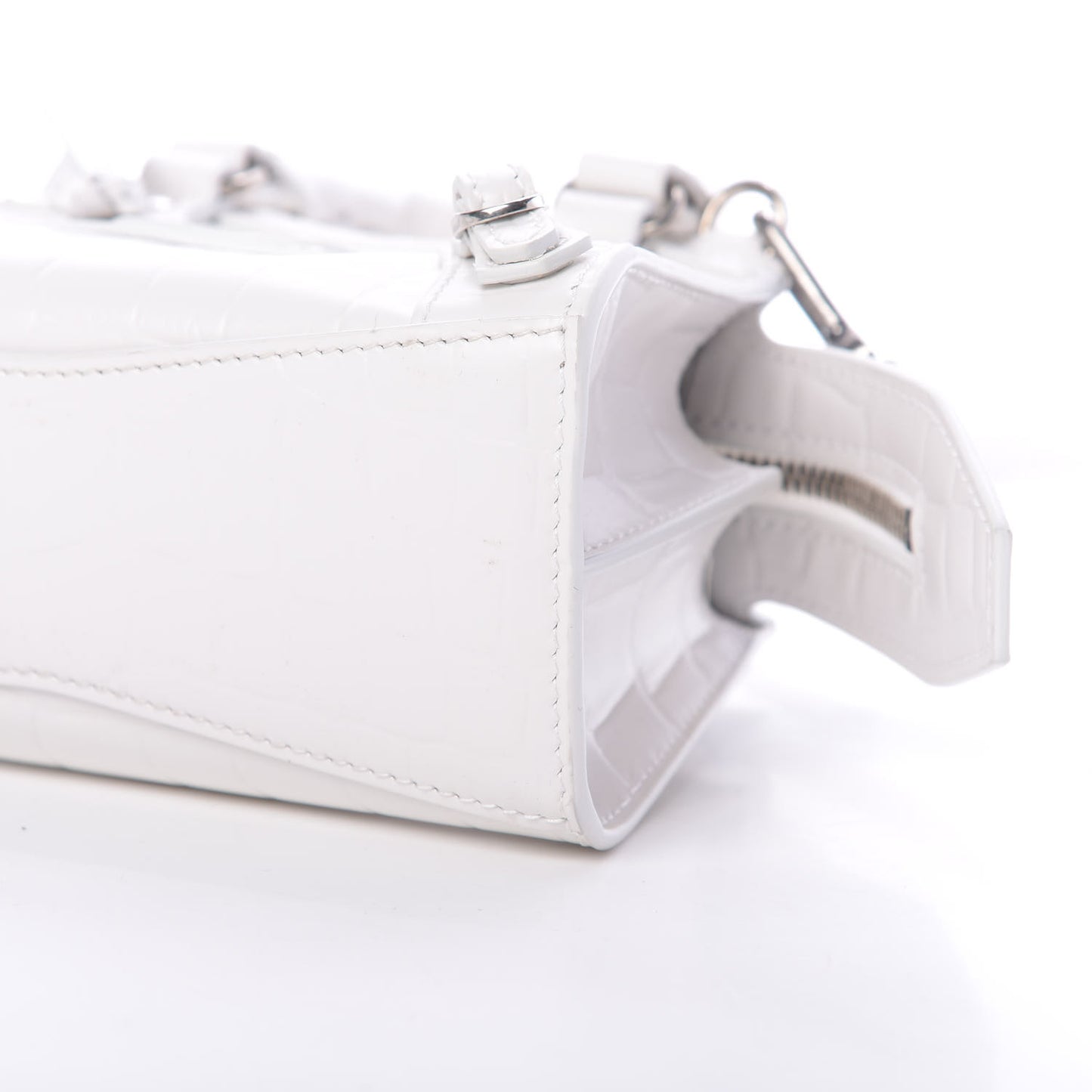 Semi Shiny Calfskin Crocodile Embossed Neo Classic Silver Hardware Nano City Crossbody White