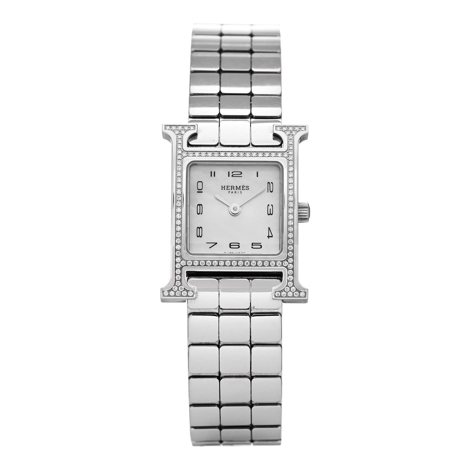 Hermes Stainless Steel Diamond Bezel Mother of Pearl 21mm Heure H Hour Quartz Watch 1 of 5