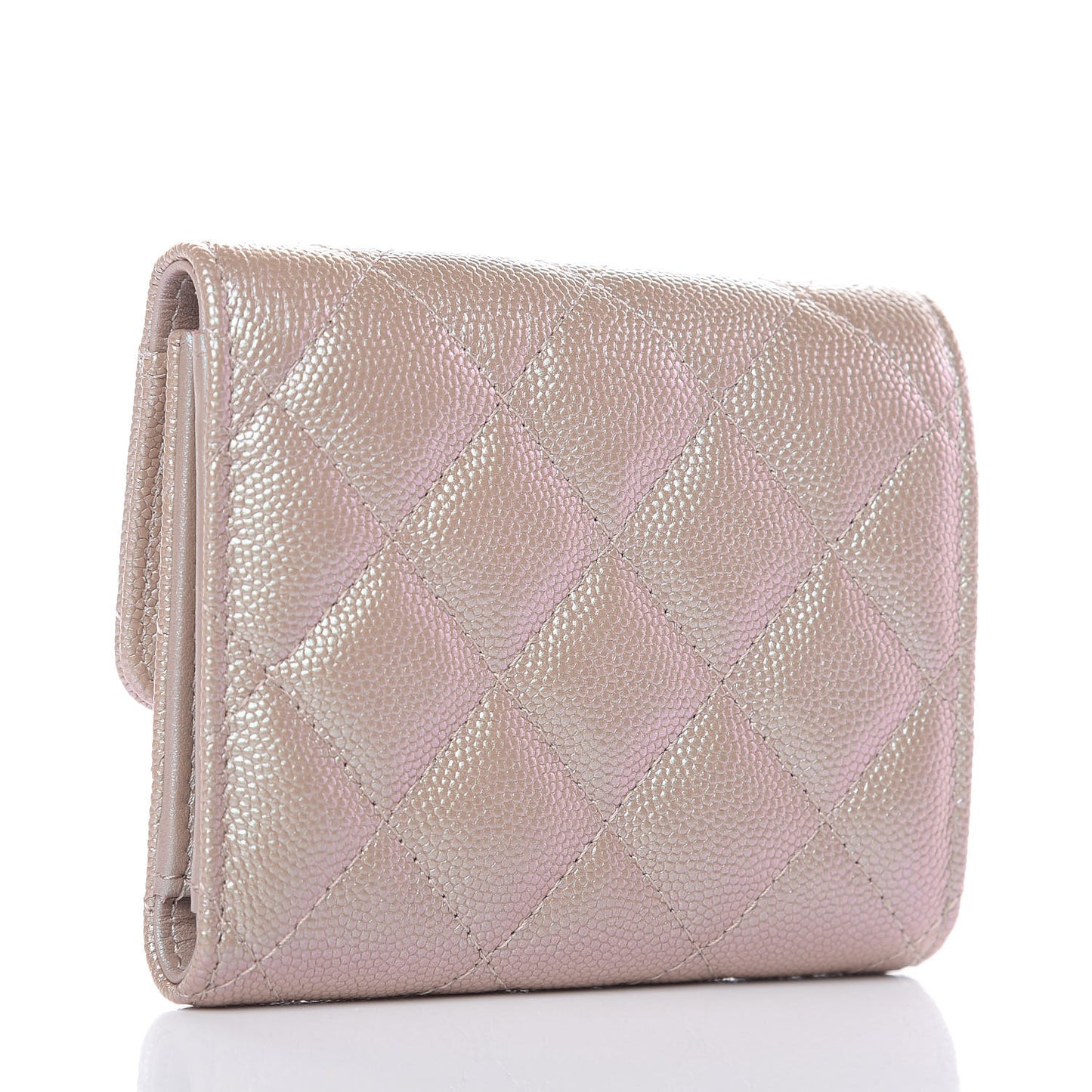 Iridescent Caviar Quilted Small Flap Wallet Beige