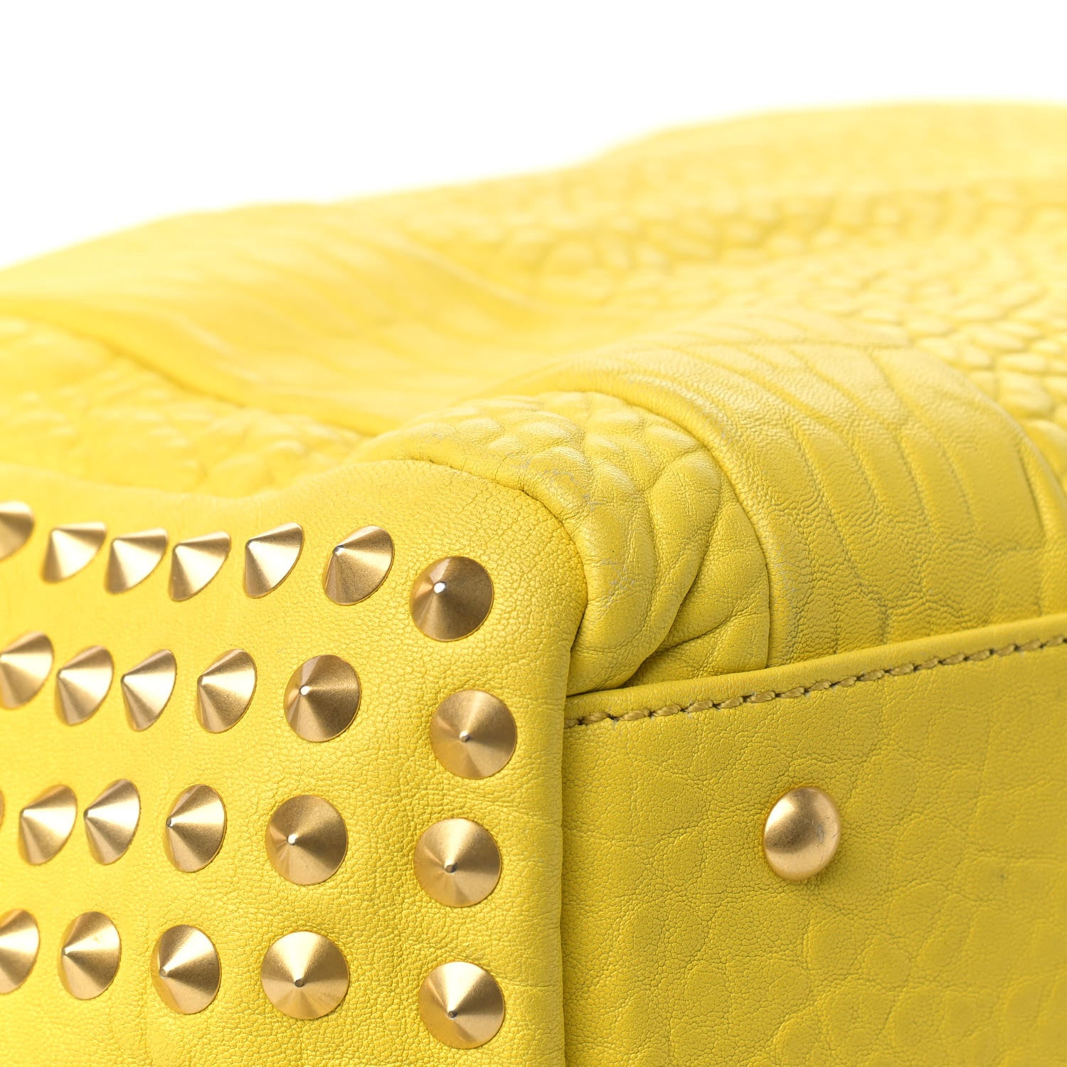MCM Pebbled Calfskin Studded Satchel Yellow 6 of 17
