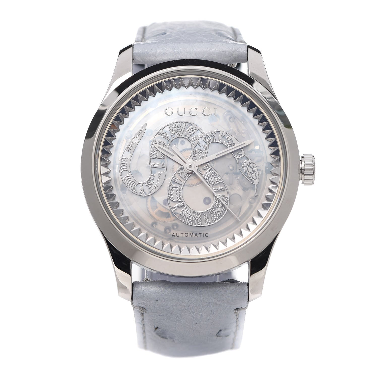 Gucci Stainless Steel Ostrich Blue Mother of Pearl 38mm G-Timeless Snake Automatic Watch 1 of 5