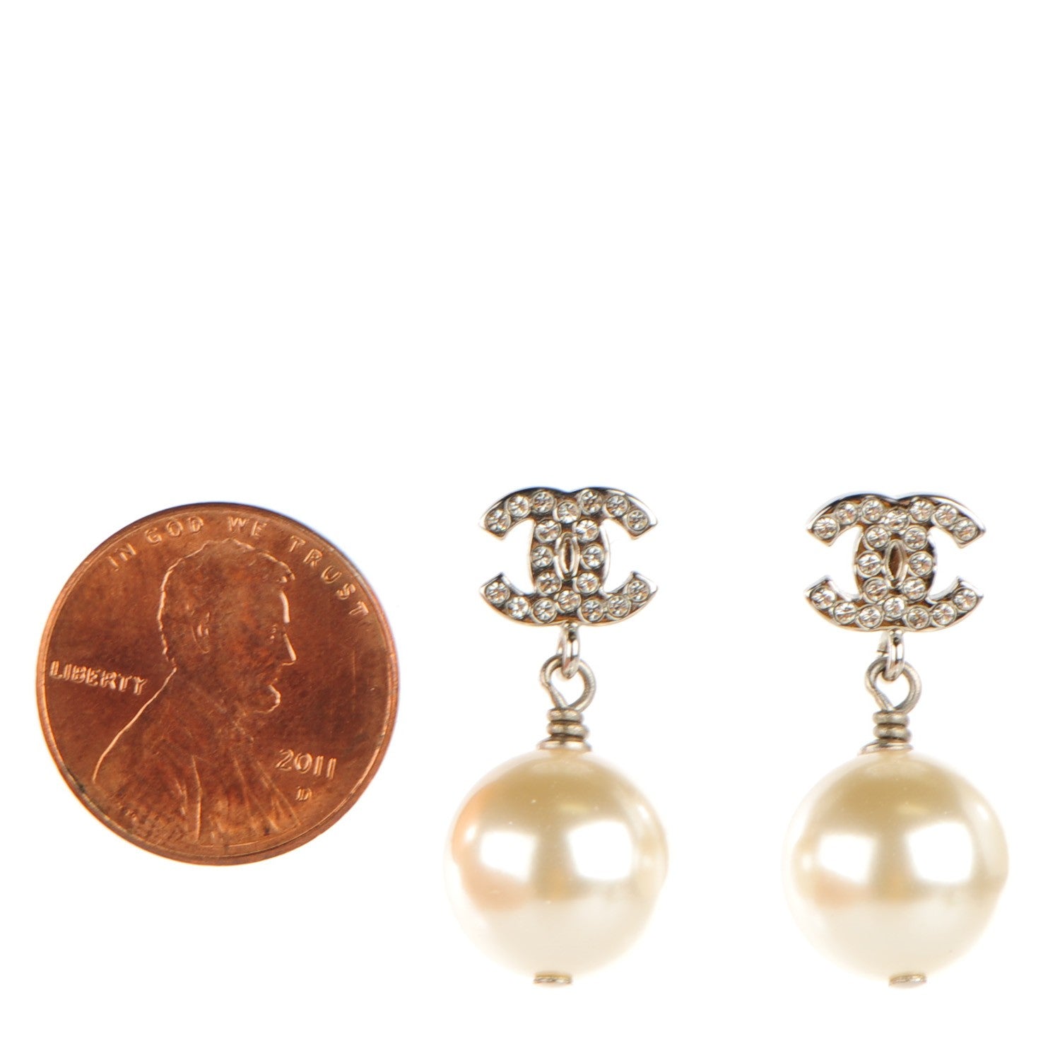 Chanel Crystal CC Pearl Drop Earrings Gold 2 of 4
