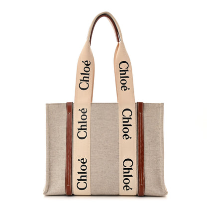 Chloe Linen Calfskin Medium Woody Ribbon Tote White Brown 1 of 10