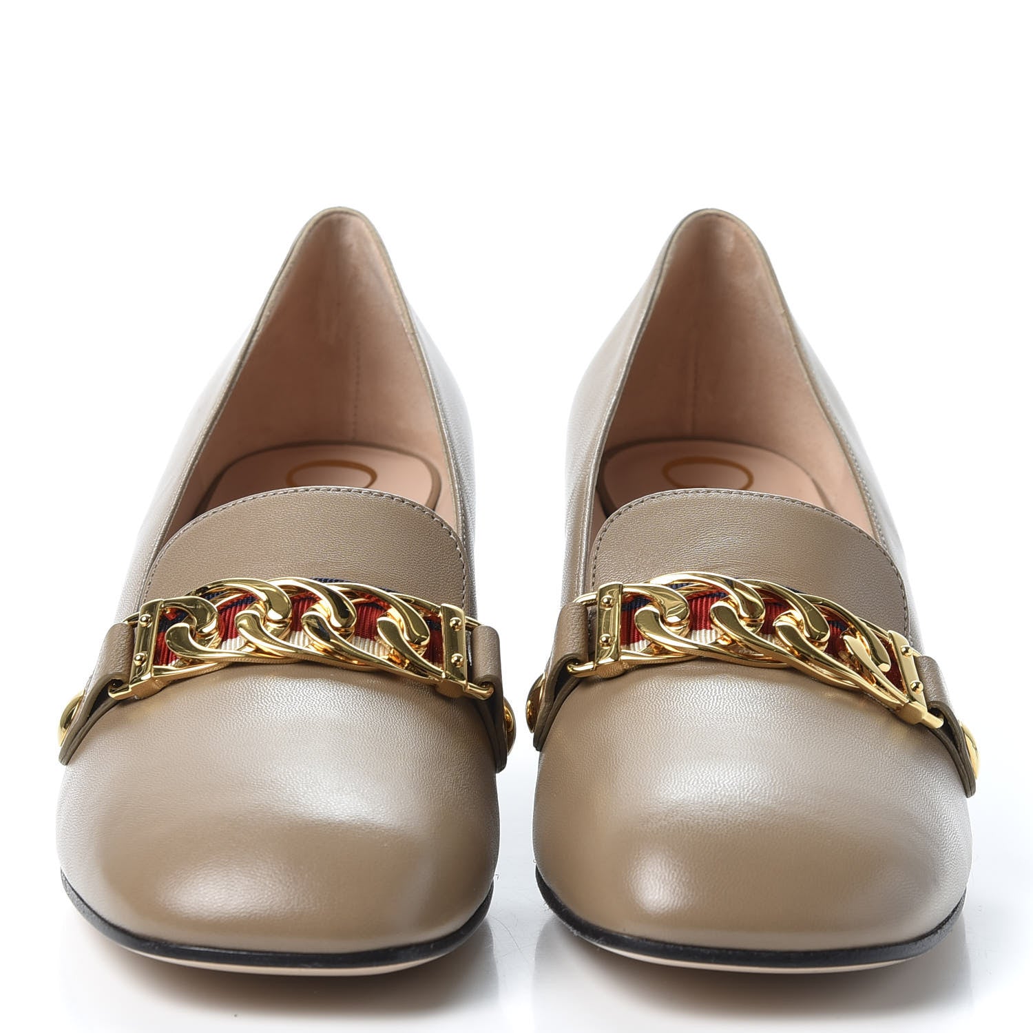 Gucci Malaga Kid Sylvie Web Chain Mid Heel Loafers 37.5 Mud 2 of 10