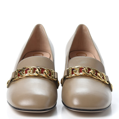 Gucci Malaga Kid Sylvie Web Chain Mid Heel Loafers 37.5 Mud 2 of 10