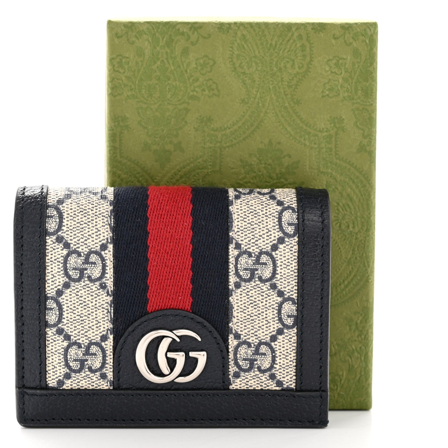 Gucci GG Supreme Monogram Textured Dollar Calfskin Web Ophidia Card Case Beige Blue 9 of 9