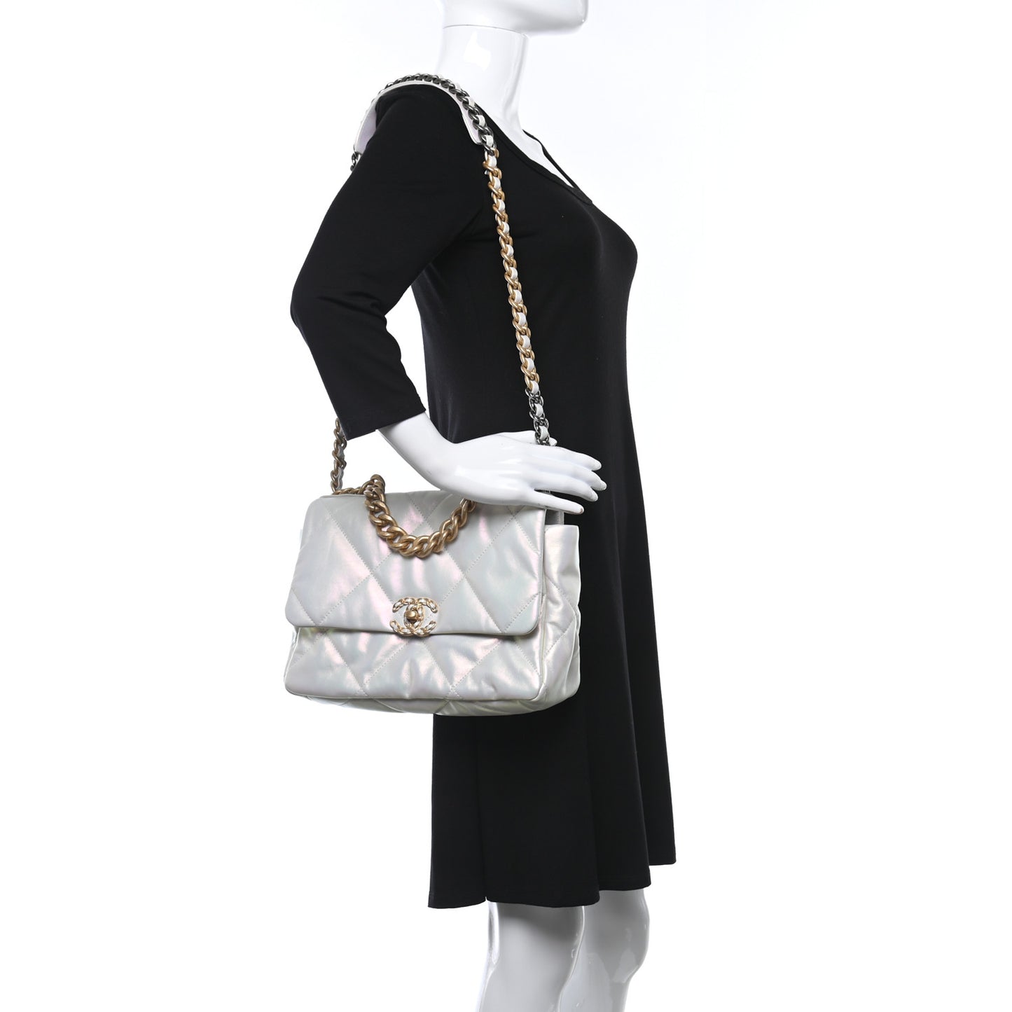 Iridescent Calfskin Quilted Large Chanel 19 Flap White