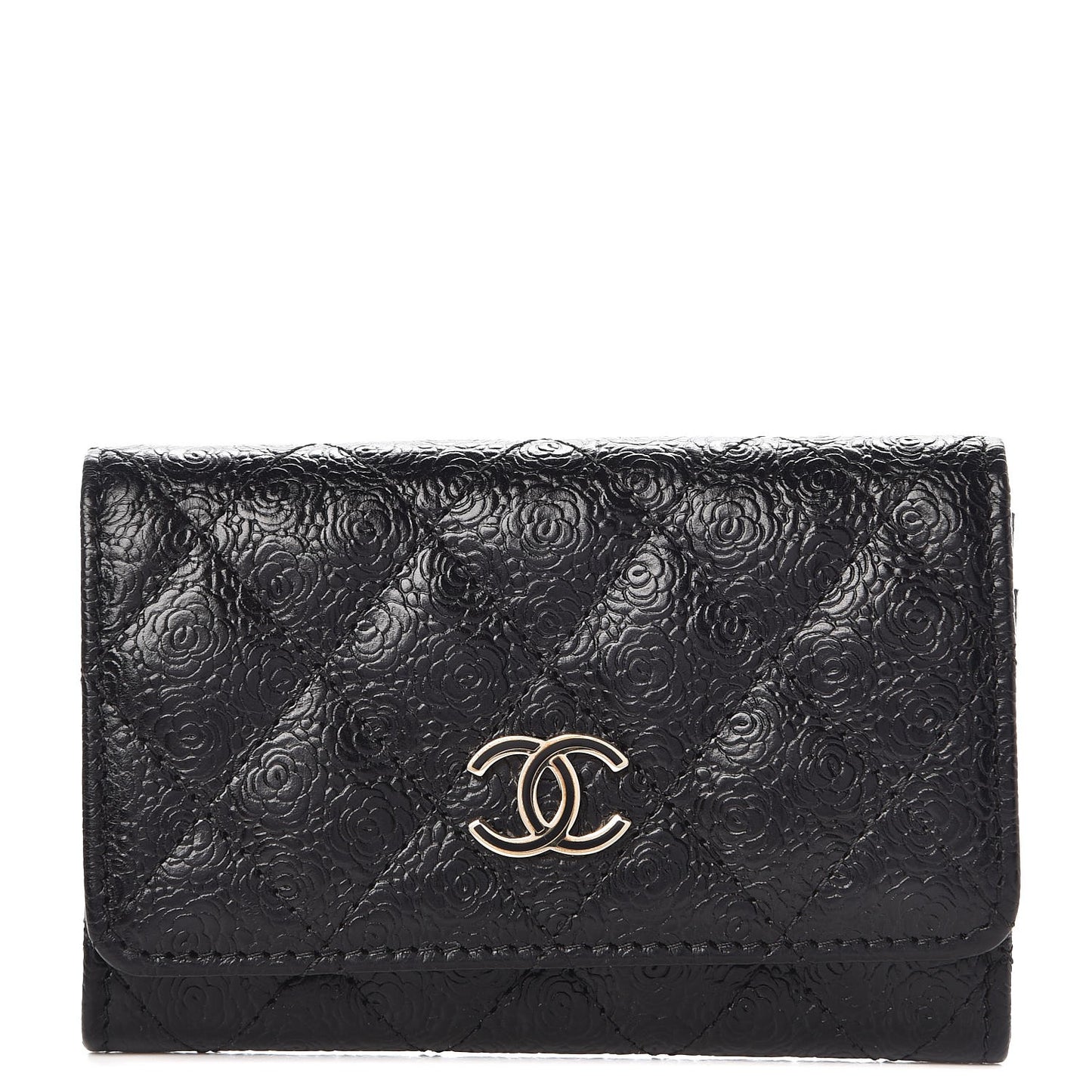 Calfskin Camellia Embossed Quilted Card Holder Black