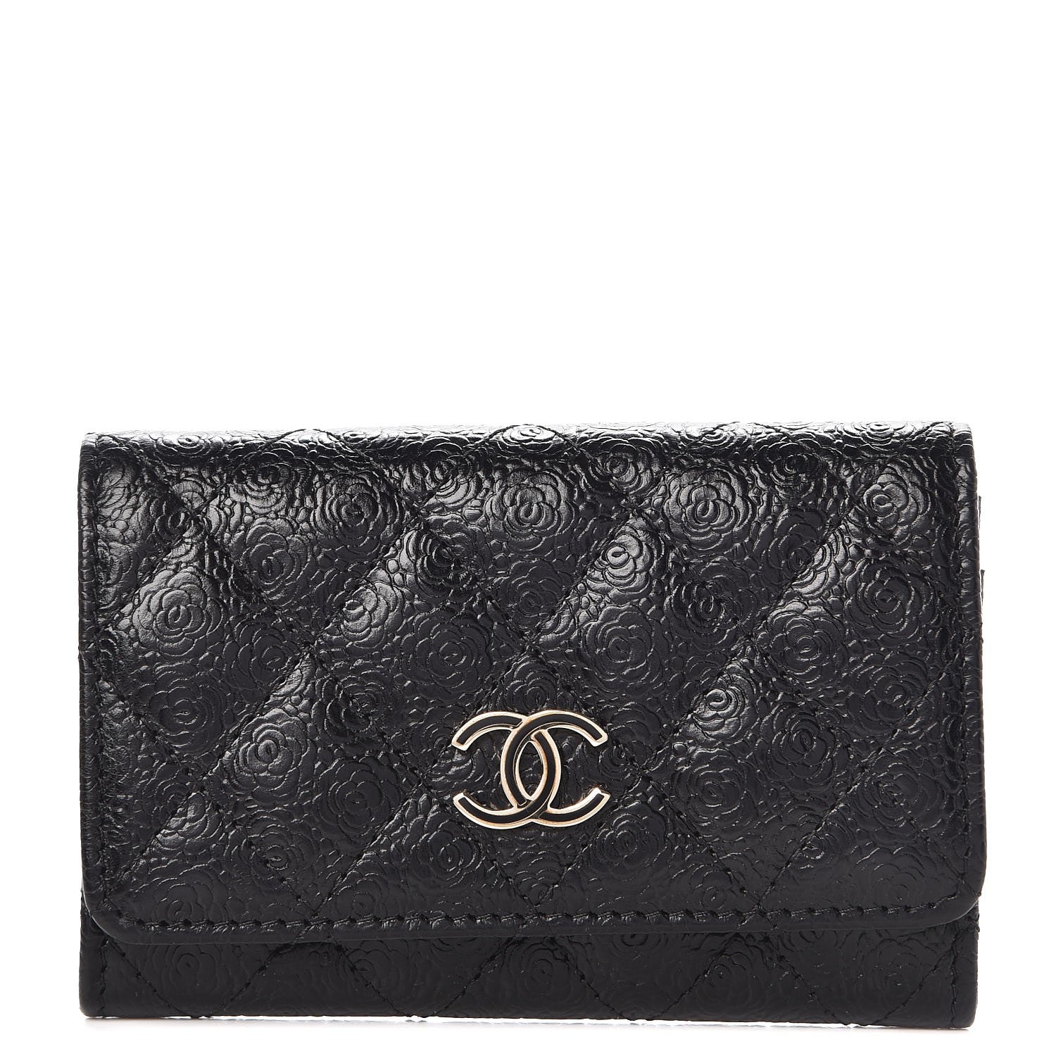 Chanel Calfskin Camellia Embossed Quilted Card Holder Black 1 of 9