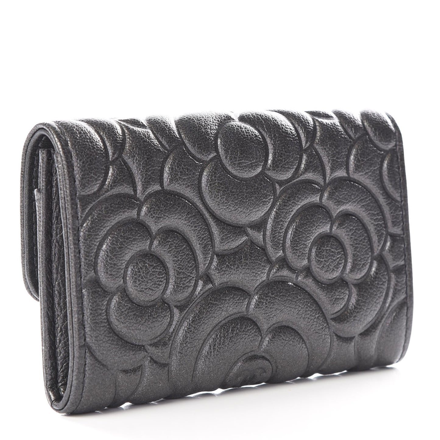 Goatskin Camellia Embossed Flap Card Holder Wallet Grey