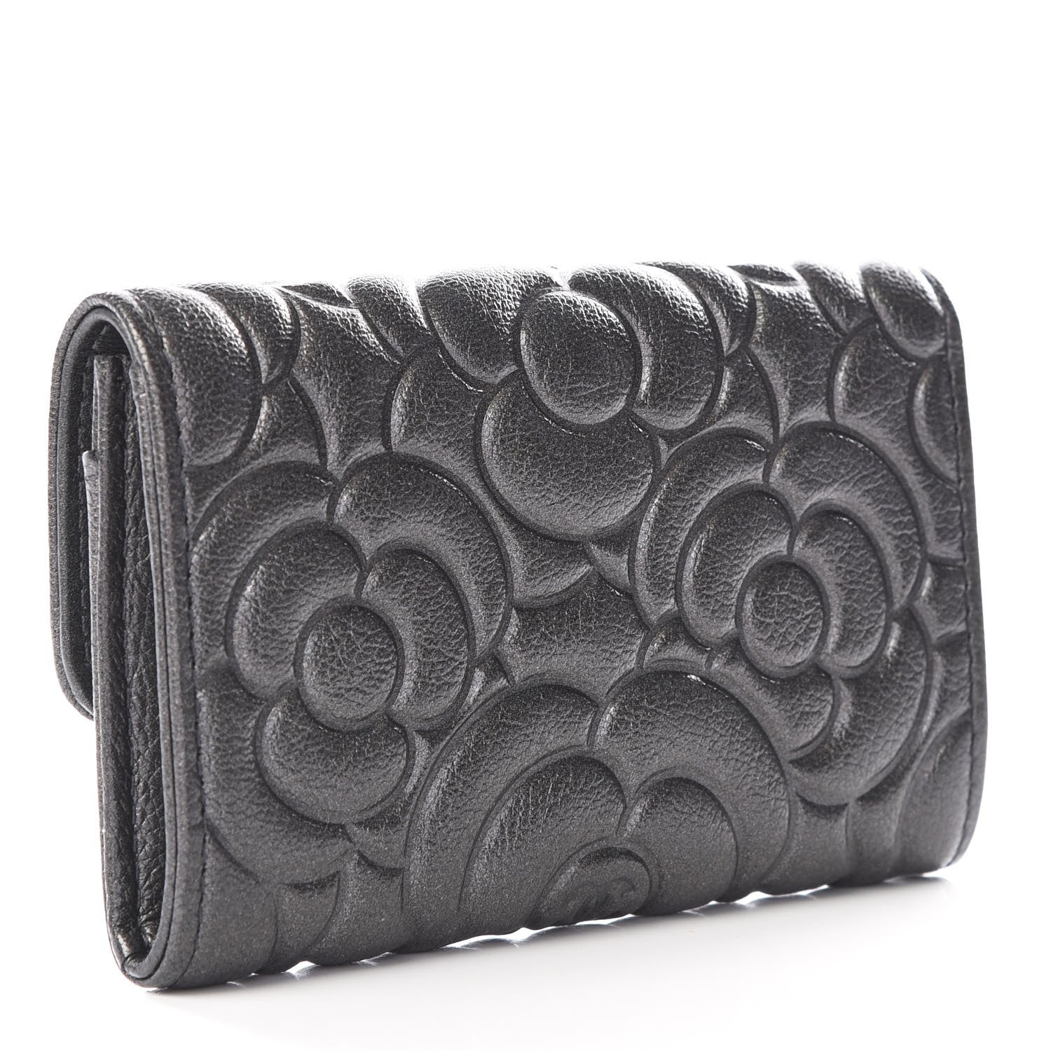 Chanel Goatskin Camellia Embossed Flap Card Holder Wallet Grey 2 of 11