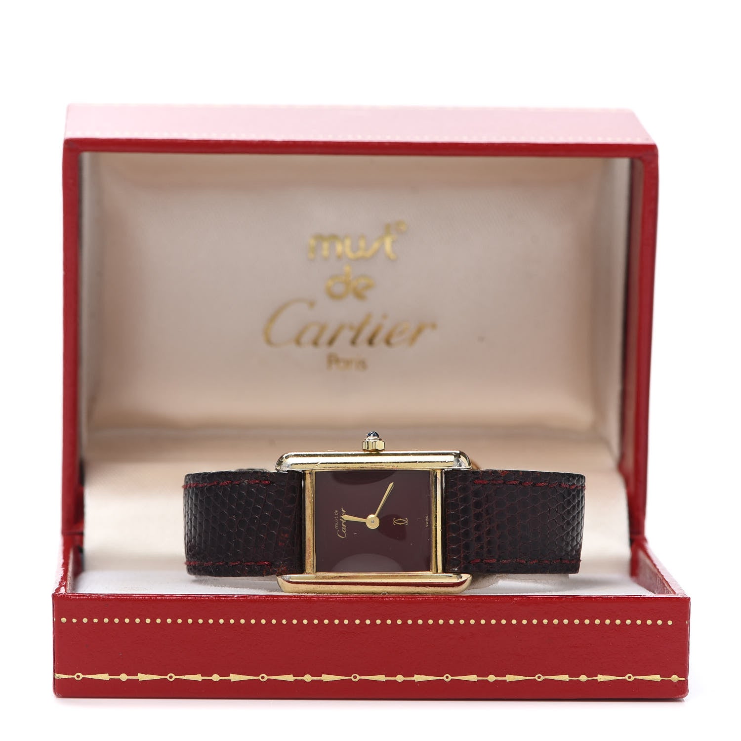 Cartier Sterling Silver Vermeil Lizard 20mm Must de Cartier Tank Quartz Watch Brown 7 of 7