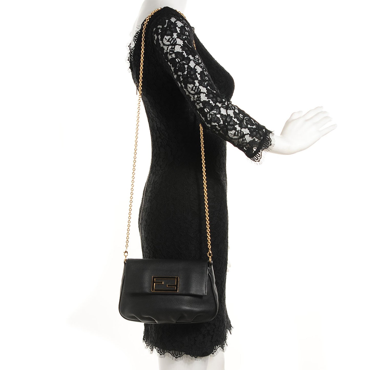Vitello Flamingo Enamel Fendista Pouchette Crossbody Black
