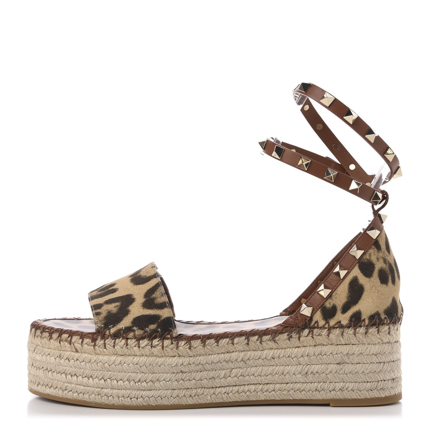 Canvas Leopard Print Rockstud Ankle Wrap Espadrille Flatform Sandals 39 Brown