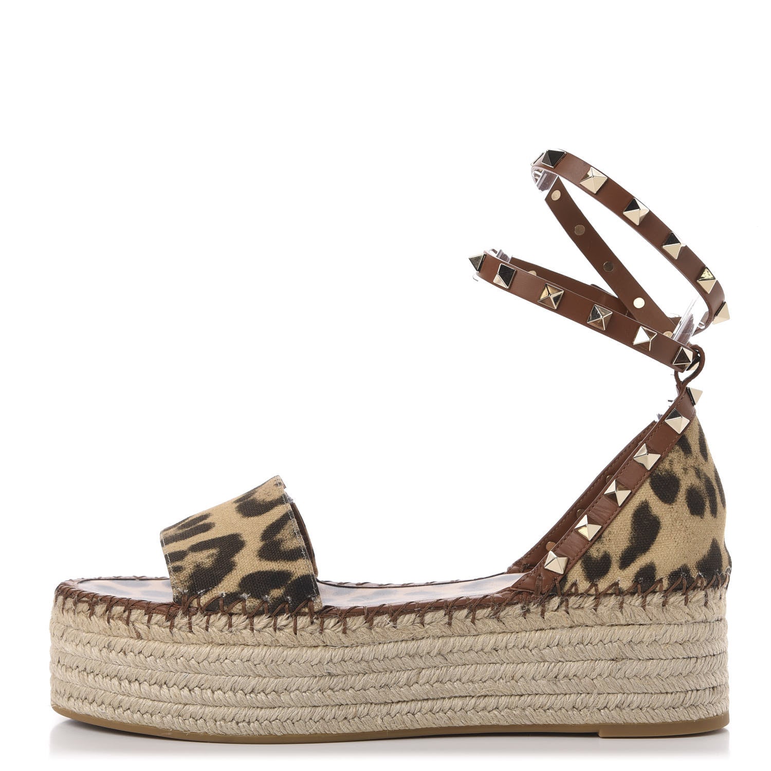 Valentino Garavani Canvas Leopard Print Rockstud Ankle Wrap Espadrille Flatform Sandals 39 Brown 1 of 10