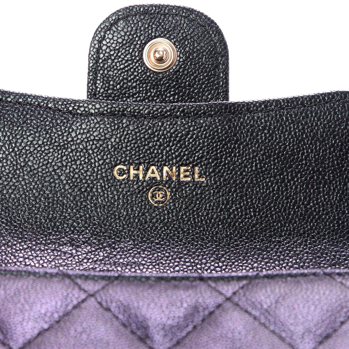 Iridescent Caviar Quilted Flap Card Holder Wallet Black