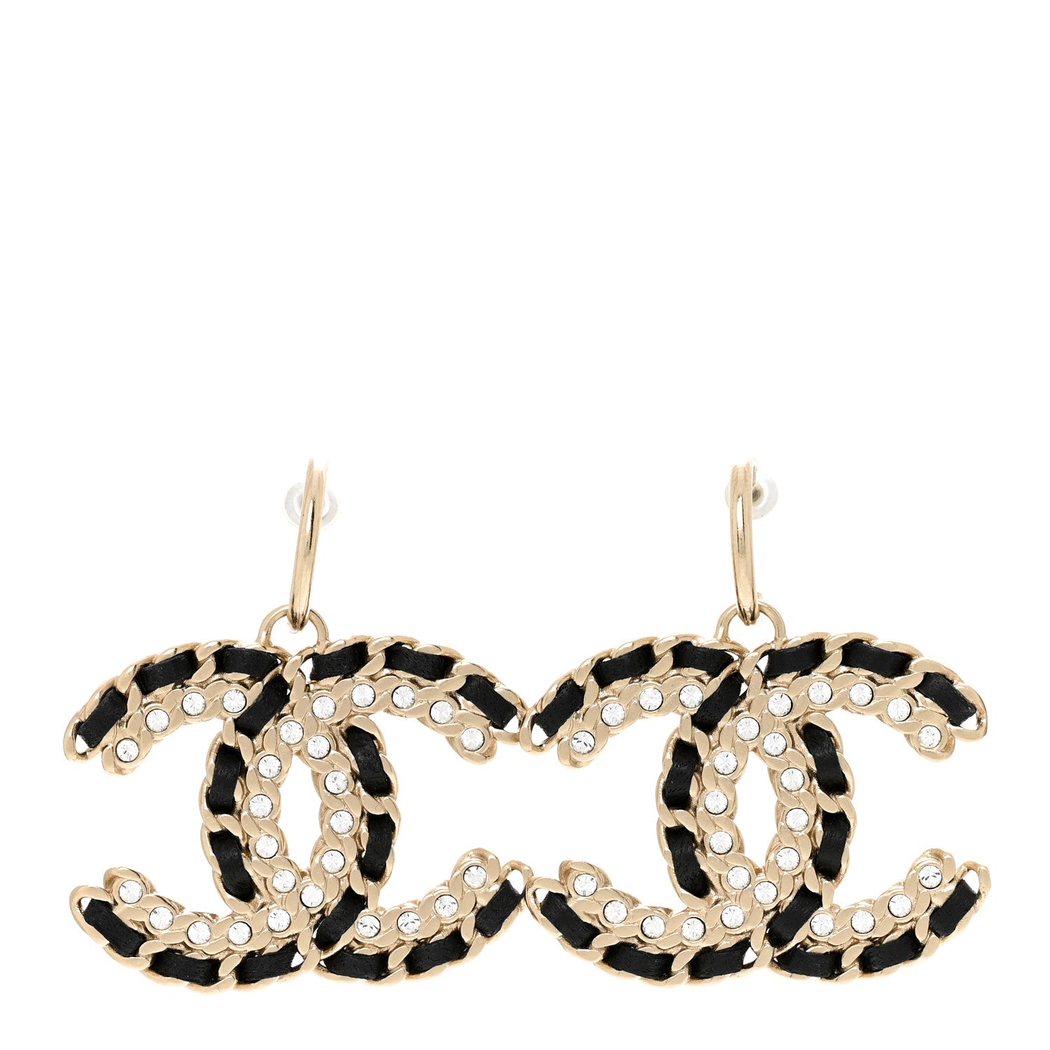 Chanel Crystal Lambskin Chain CC Vintage Allure Stud Earrings Black Gold 1 of 8