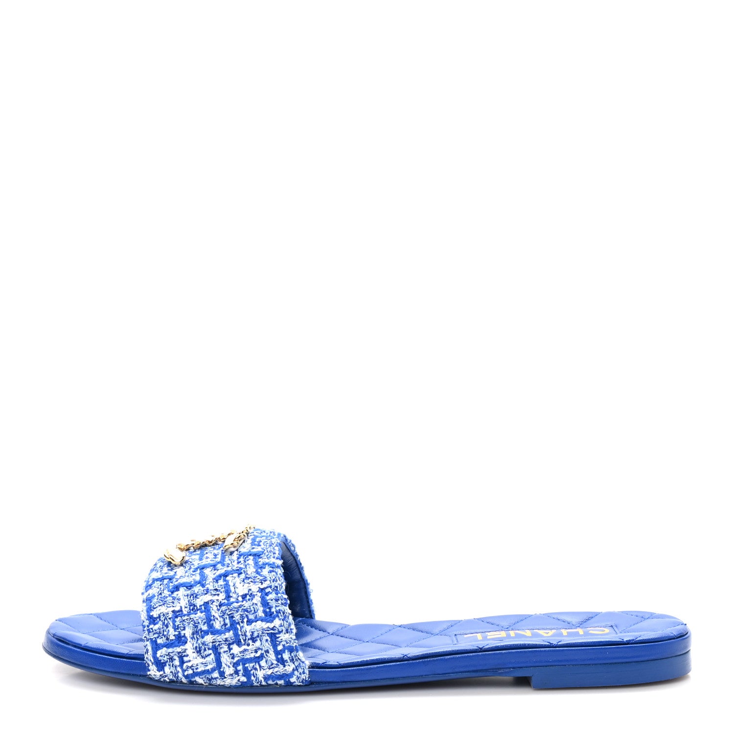 Chanel Cotton Tweed Chain CC Mule Sandals 38.5 Blue White 1 of 10