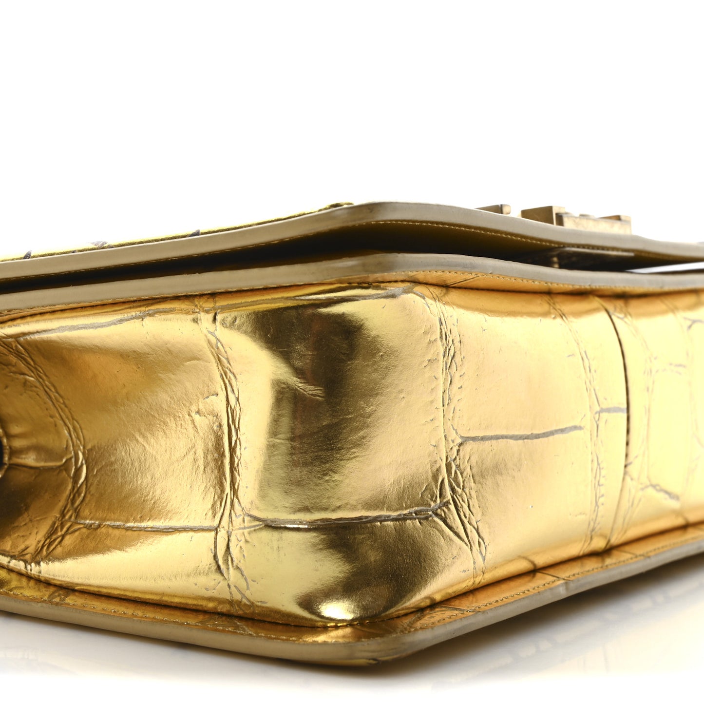 Metallic Calfskin Crocodile Embossed Graffiti Medium Cocodile Boy Flap Gold