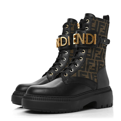 Fendi Vitello Fabric Jacquard FF Fendigraphy 50mm Biker Boots 39 Black Tobacco 3 of 7
