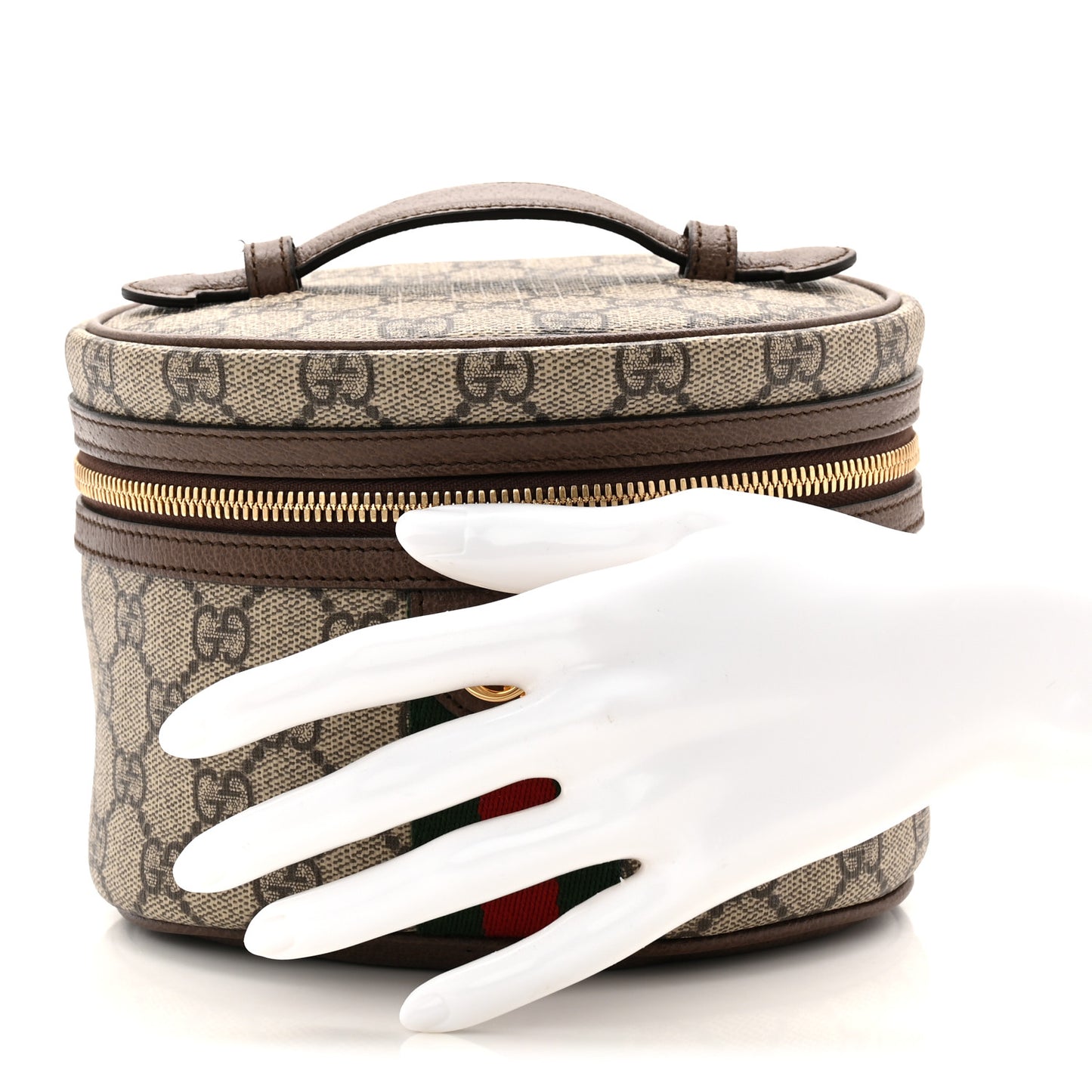 GG Supreme Monogram Textured Calfskin Web Ophidia Vanity Cosmetic Case Beige Ebony New Acero