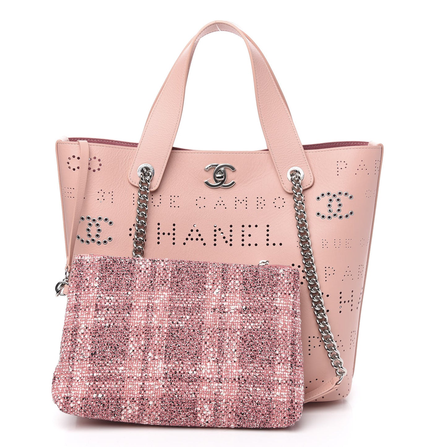 Calfskin Tweed Small Logo Eyelets Shopping Tote Pink