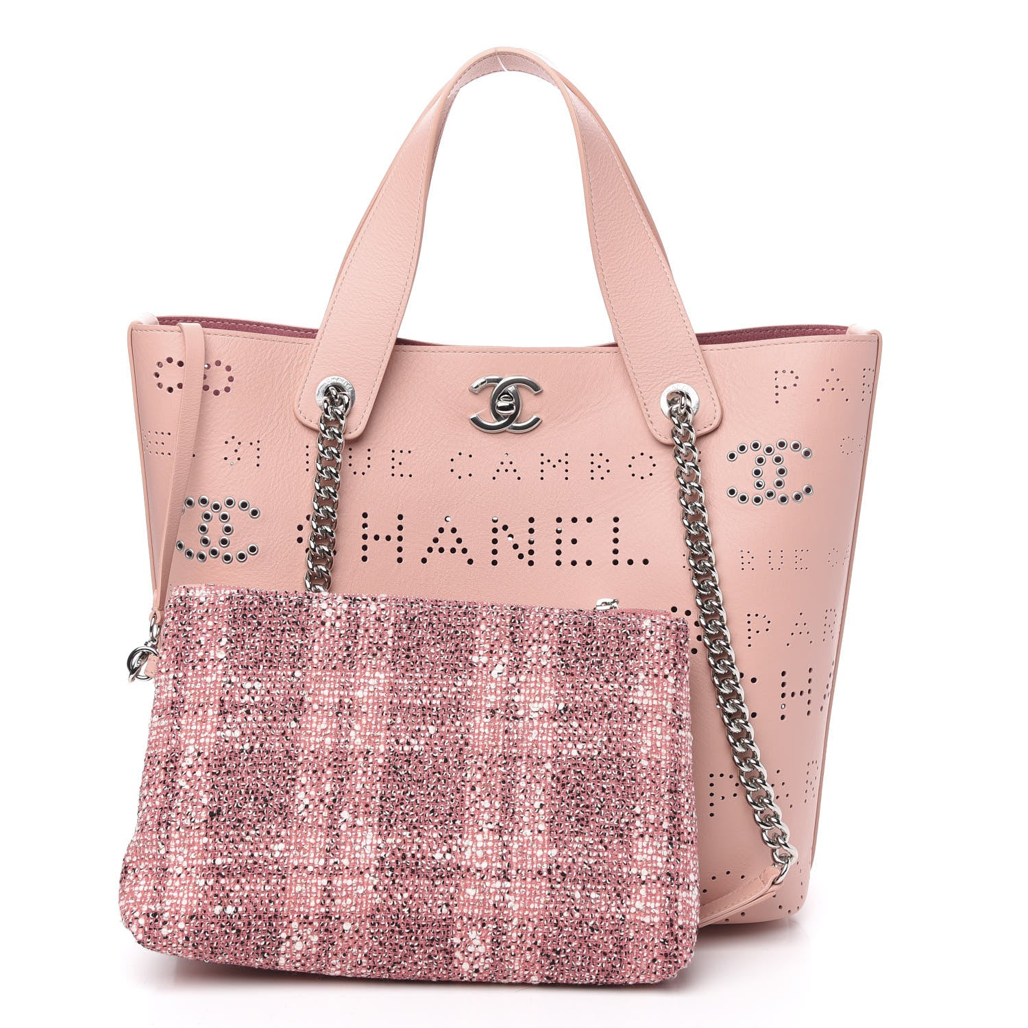Chanel Calfskin Tweed Small Logo Eyelets Shopping Tote Pink 3 of 11