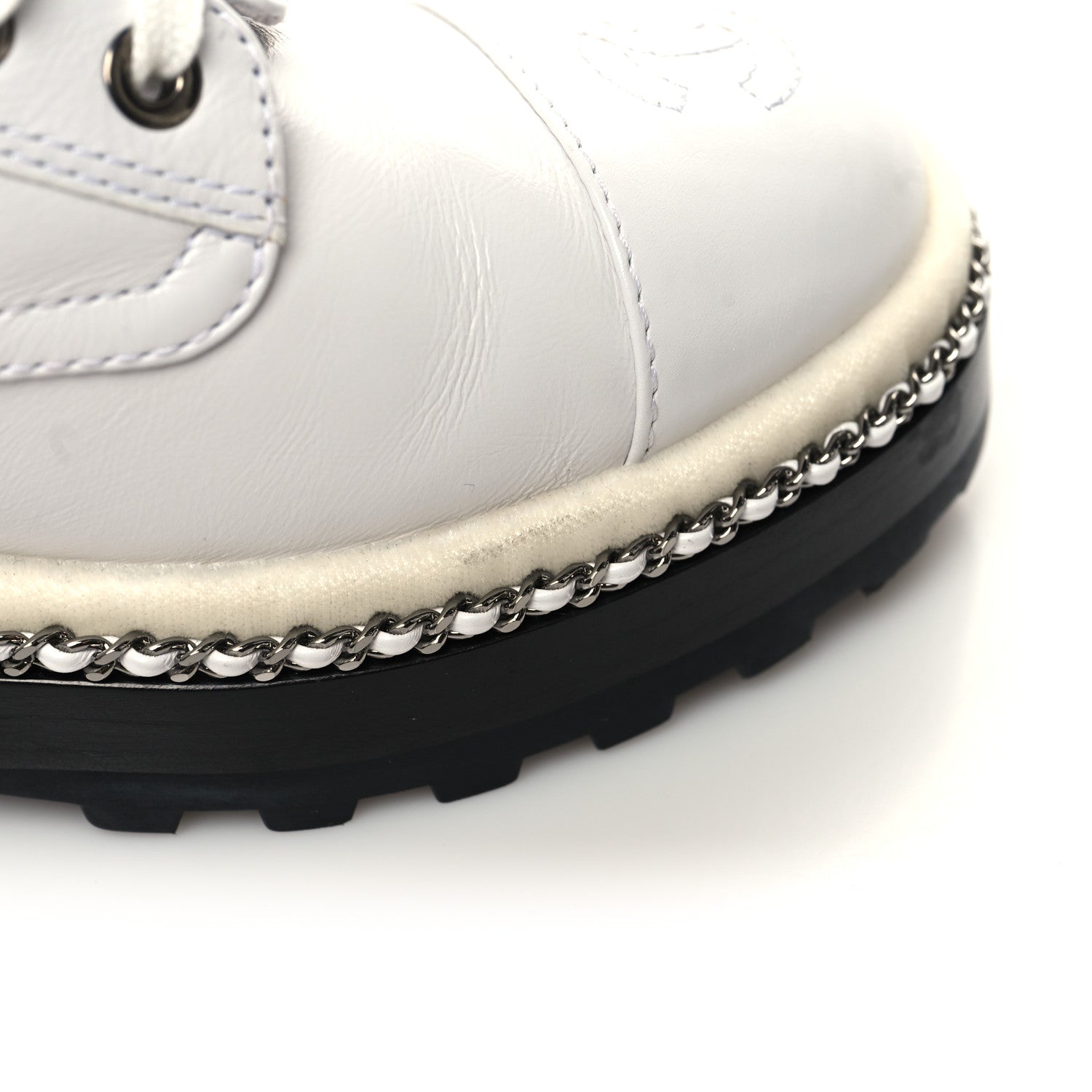 Chanel Crackled Calfskin Pearl Chain CC Combat Short Boots 35.5 White 10 of 10