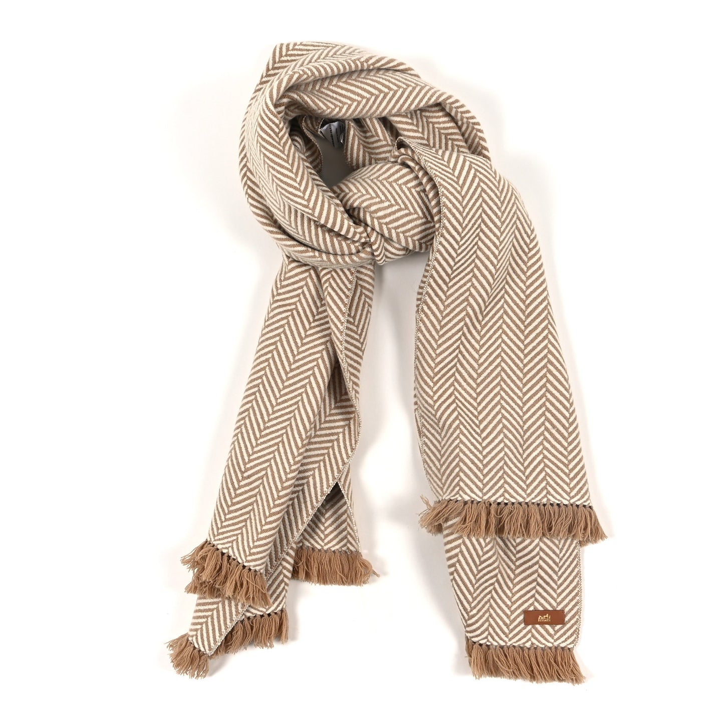 Cashmere H Chevron Fringe Stole Camel Ivory