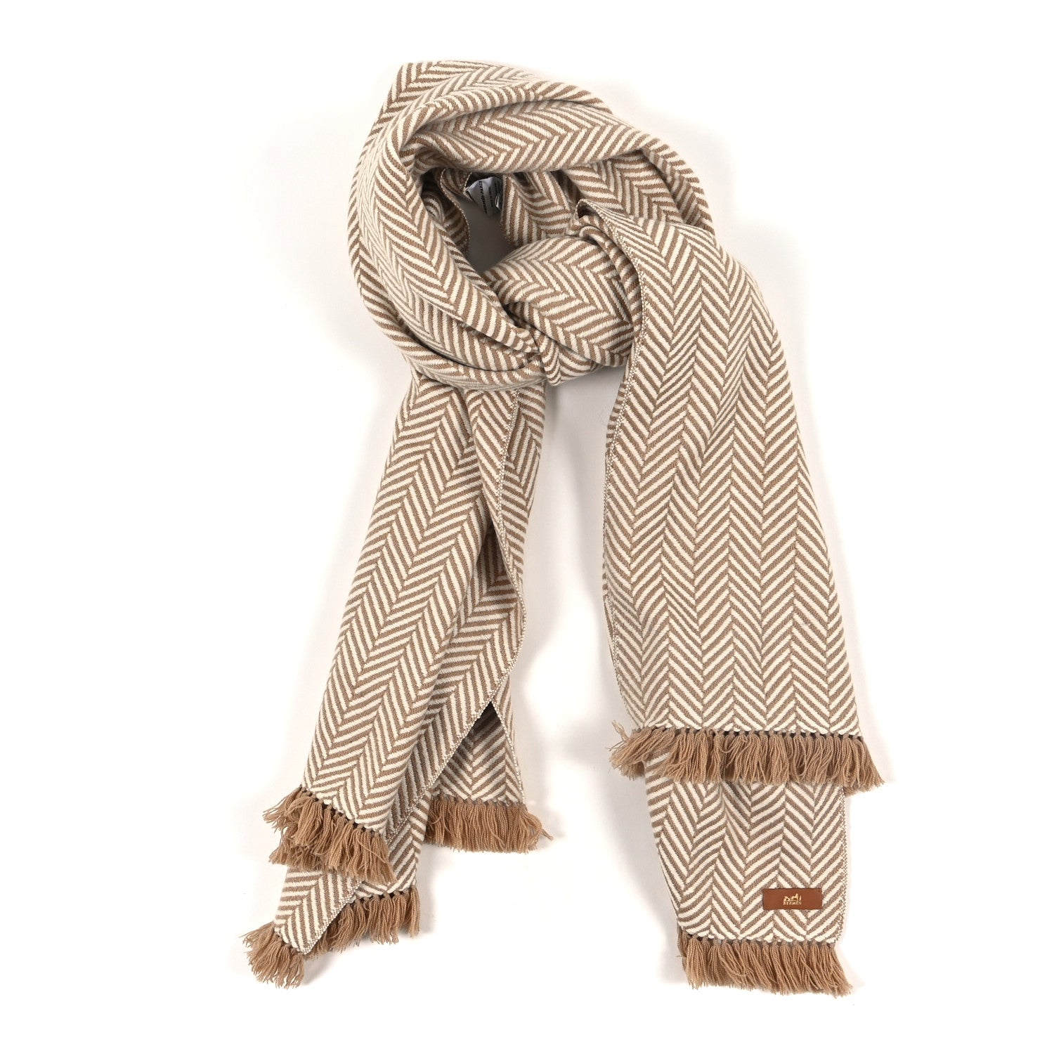 Hermes Cashmere H Chevron Fringe Stole Camel Ivory 1 of 3