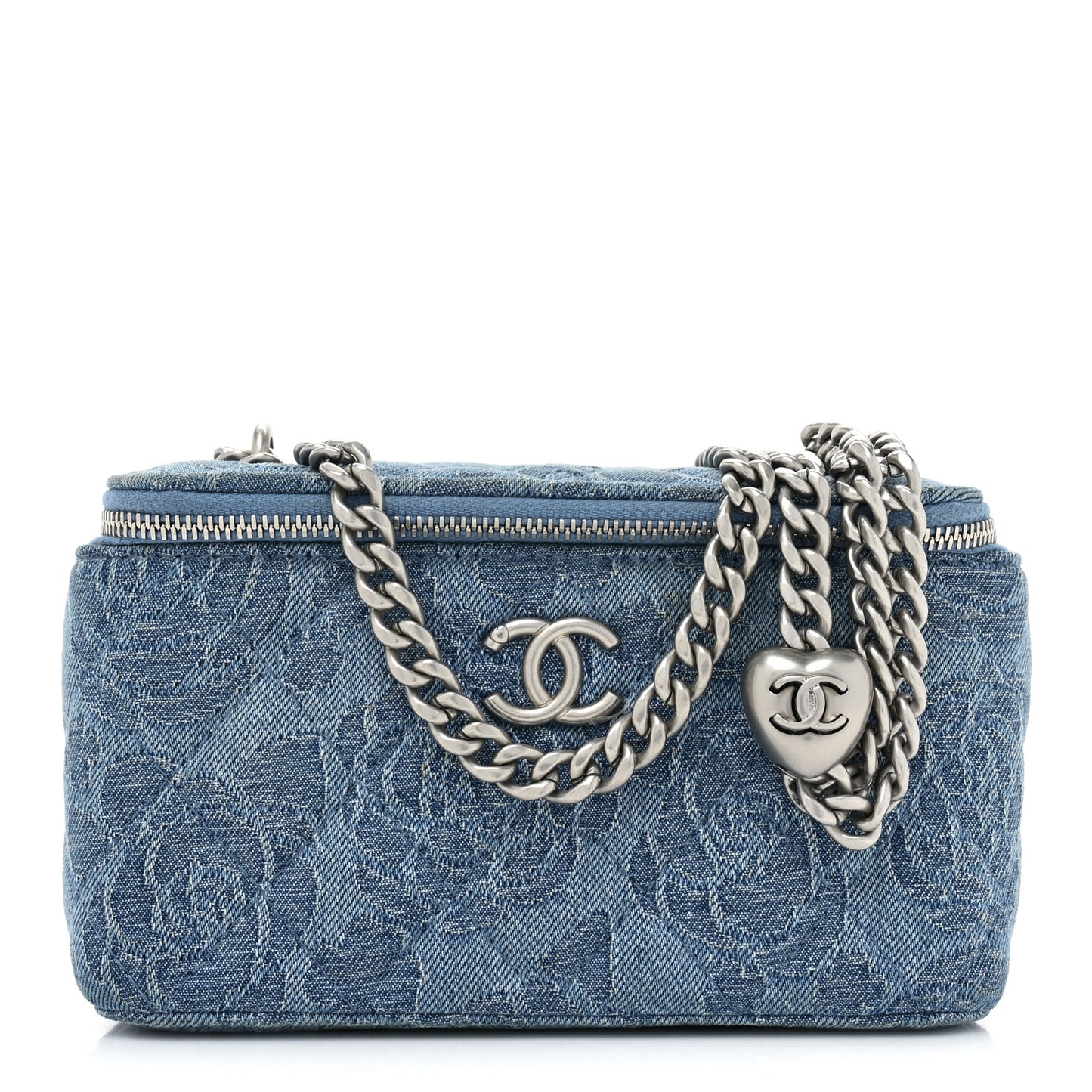 Denim Quilted Sweetheart Small Vanity Case With Chain Blue