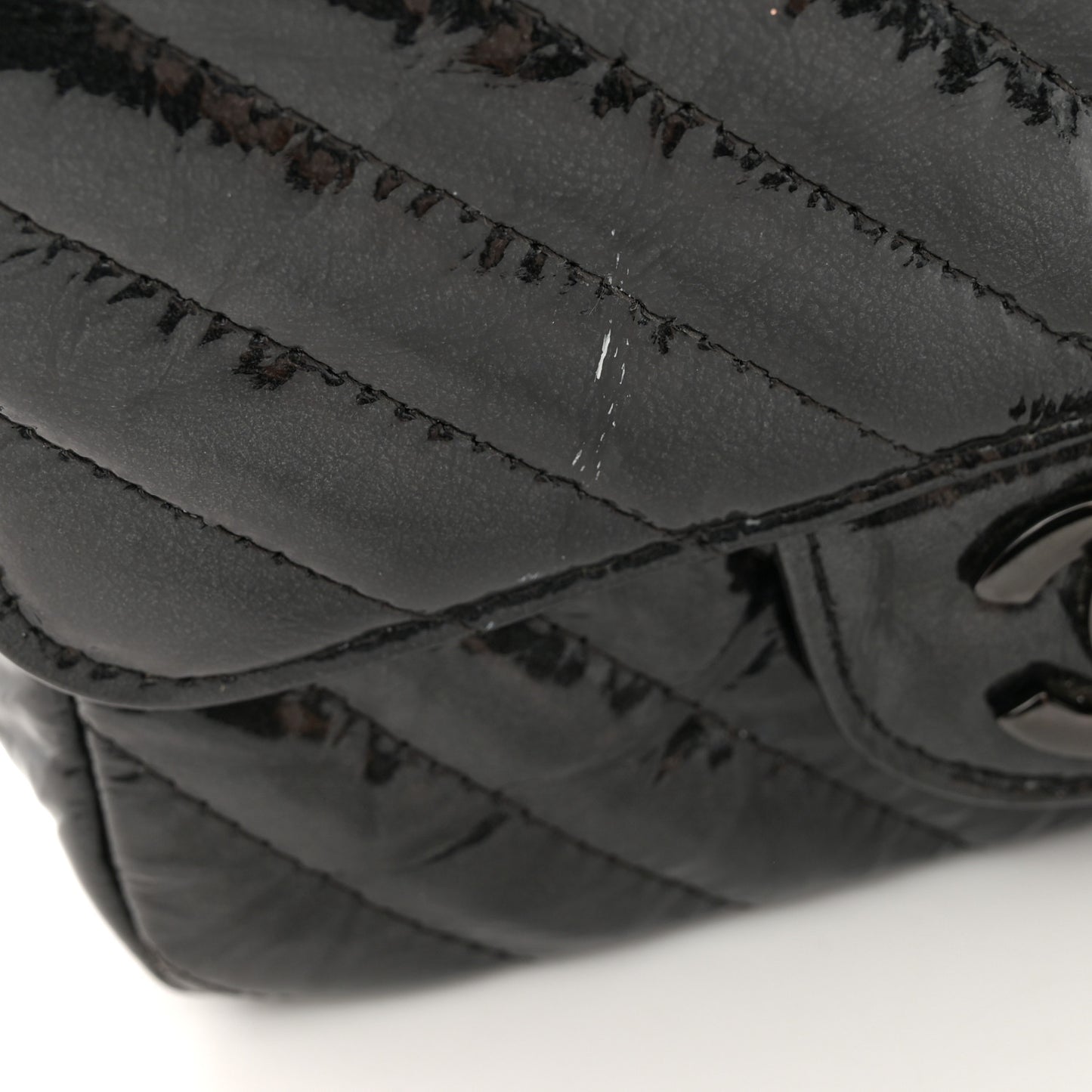 Metallic Patent Crumpled Calfskin Chevron Quilted Mini Square Flap Black