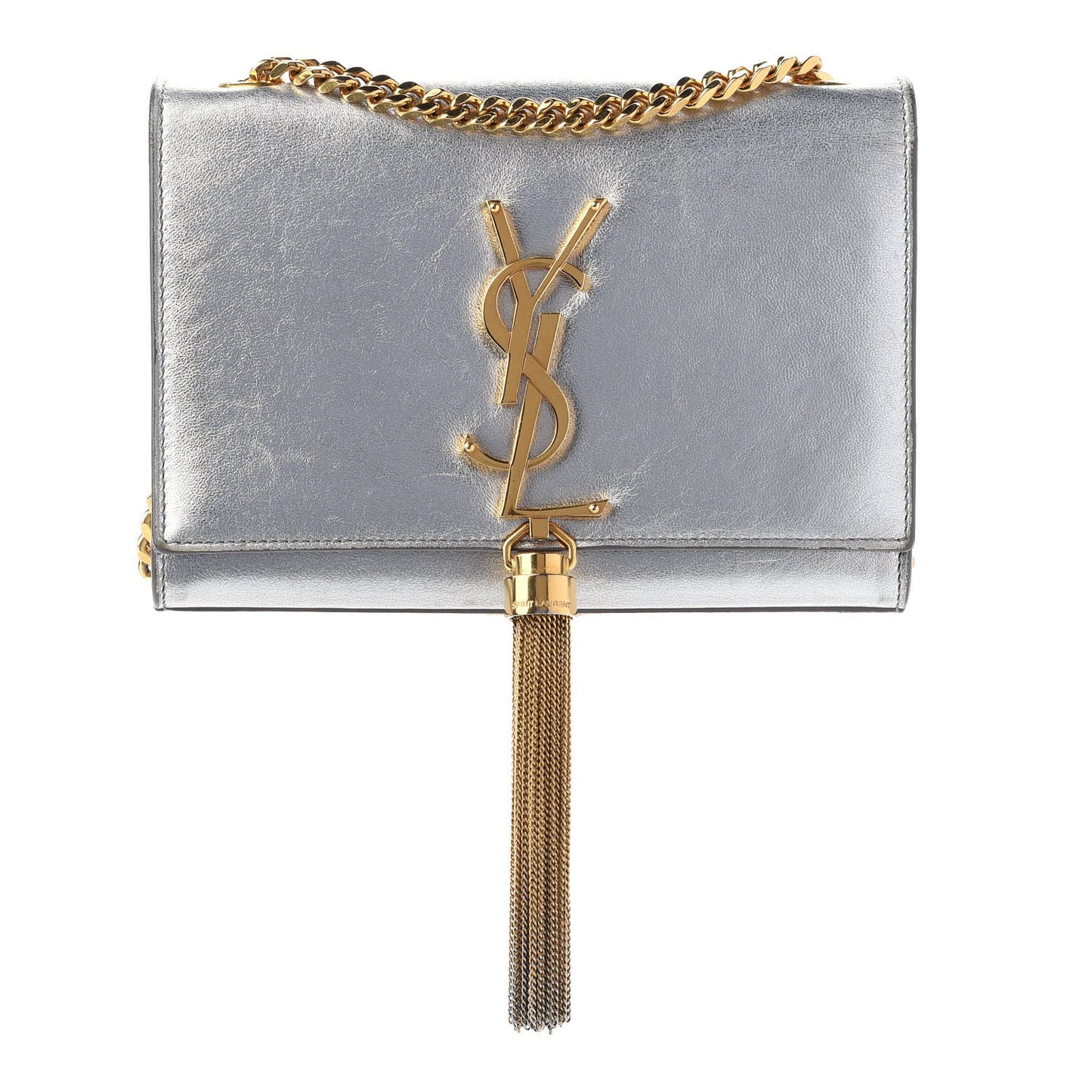 Metallic Calfskin Small Classic Monogram Kate Tassel Satchel Silver