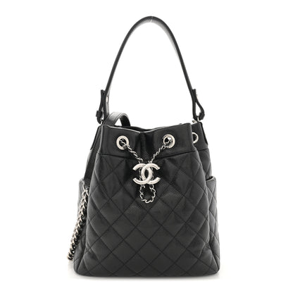 Chanel Caviar Flat Quilted CC Chain Bucket Drawstring Bag Black 1 of 10