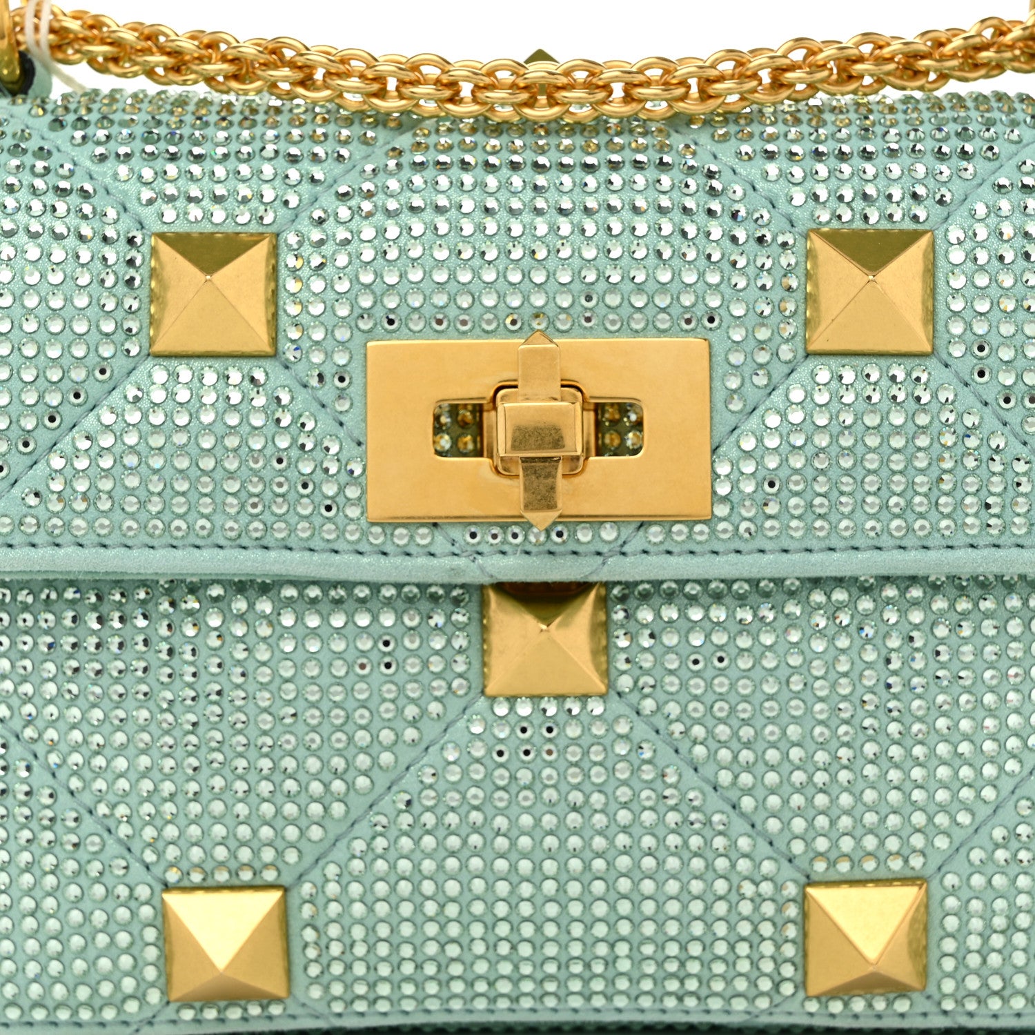 Valentino Garavani Crystal Suede Small Roman Stud Shoulder Bag Green 7 of 9