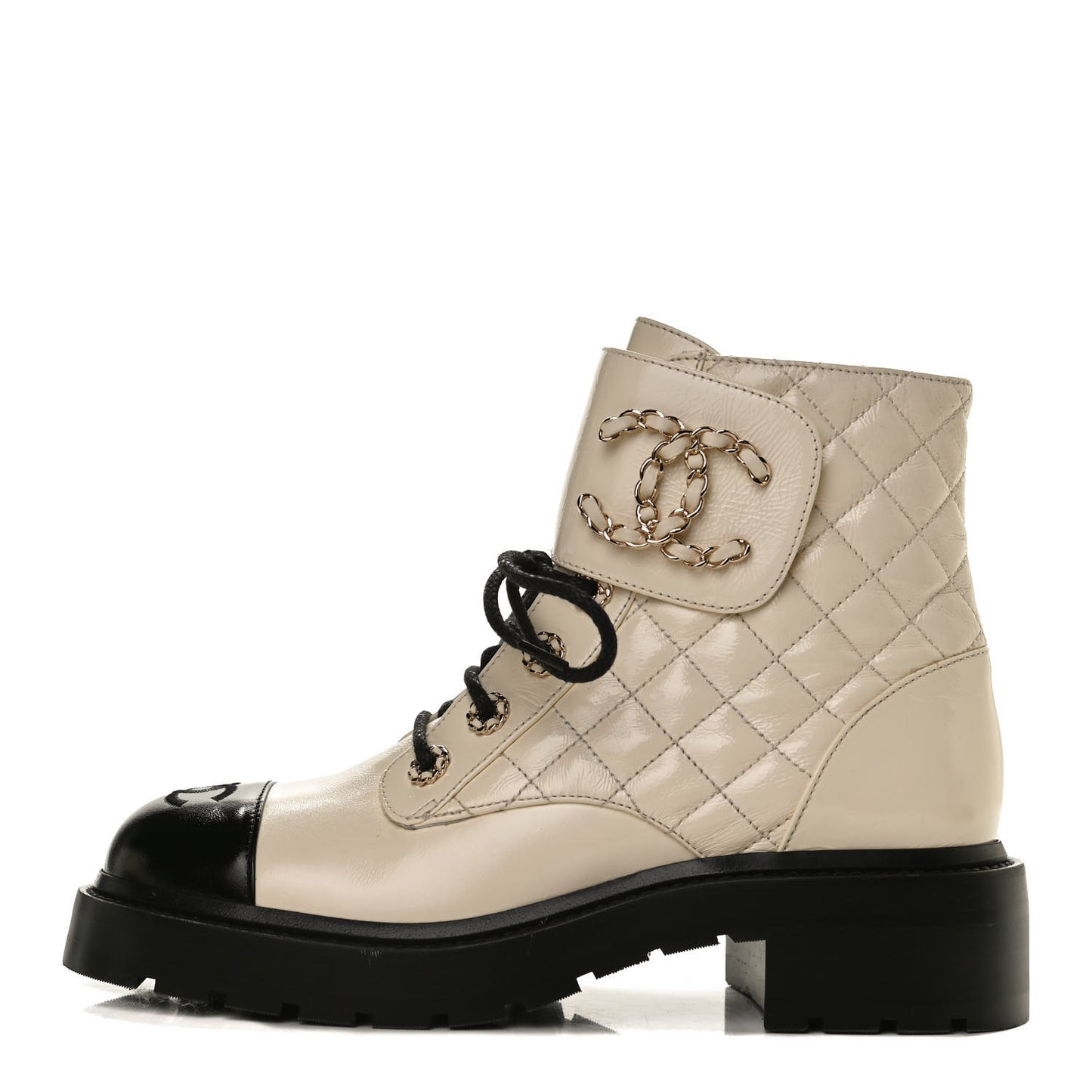 Shiny Calfskin Quilted Lace Up Combat Boots 38 Ivory Black
