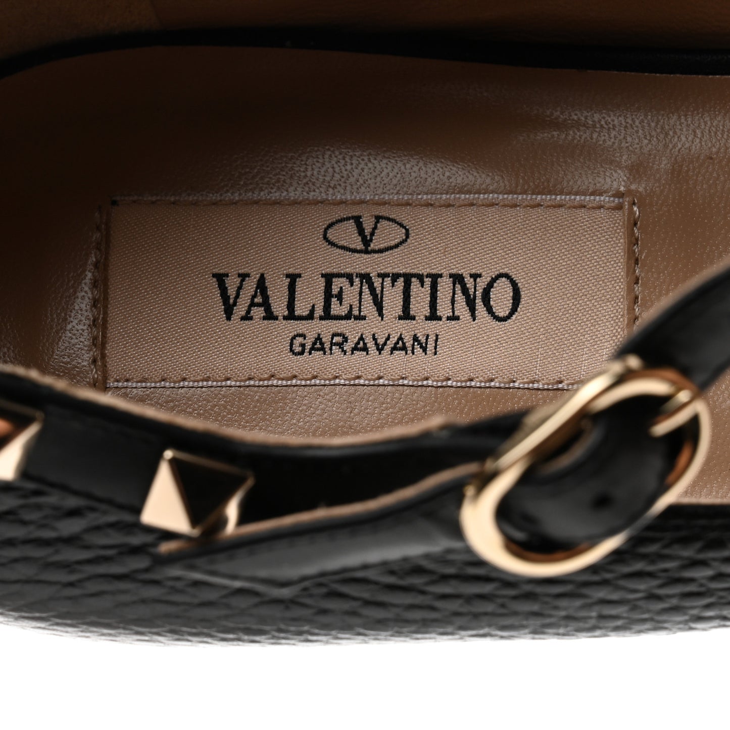 Pebbled Calfskin Rockstud Ankle Strap Ballerina Flats 39 Black