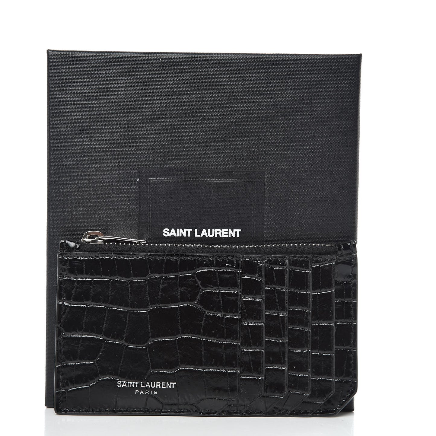 Calfskin Crocodile Embossed 5 Fragments Zip Pouch Card Holder Black