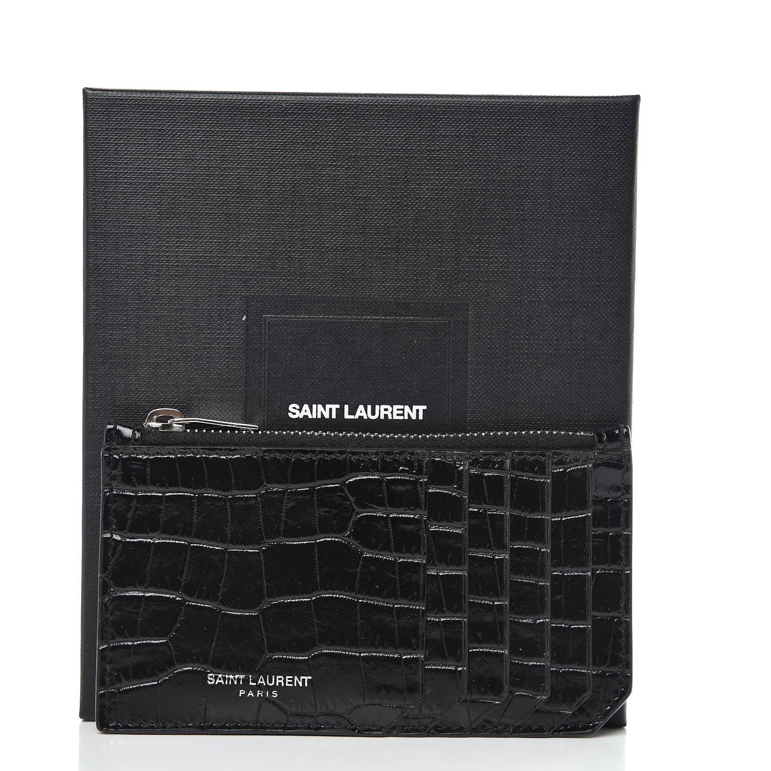 Saint Laurent Calfskin Crocodile Embossed 5 Fragments Zip Pouch Card Holder Black 7 of 7