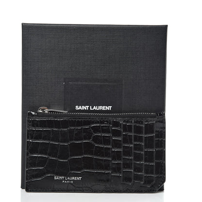 Saint Laurent Calfskin Crocodile Embossed 5 Fragments Zip Pouch Card Holder Black 7 of 7