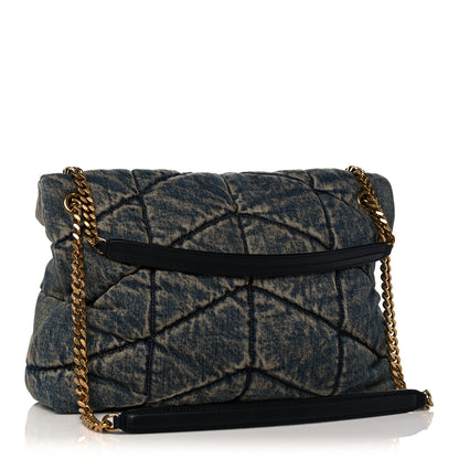 Saint Laurent Denim Quilted Medium Loulou Puffer Monogram Chain Satchel Blue Black 3 of 10