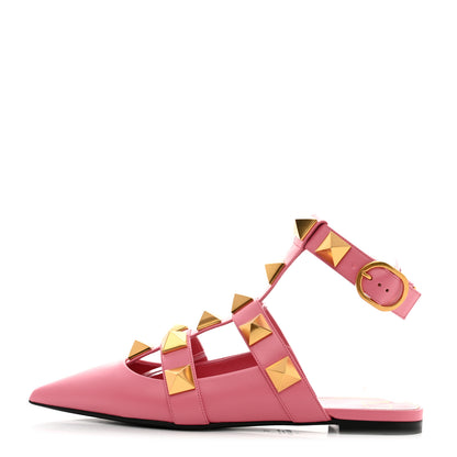 Valentino Garavani Calfskin Roman Stud Ankle Strap Flat Mules 38 Flamingo Pink 1 of 9
