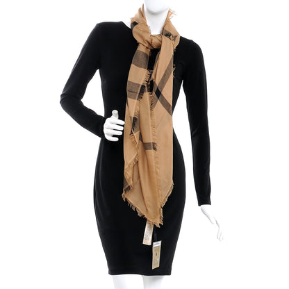 Burberry Modal Wool Overdyed Chambray Check Square Scarf Camel 2 of 5