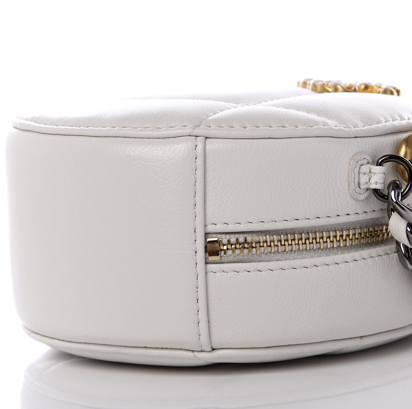 Goatskin Quilted 19 Round Clutch With Chain White