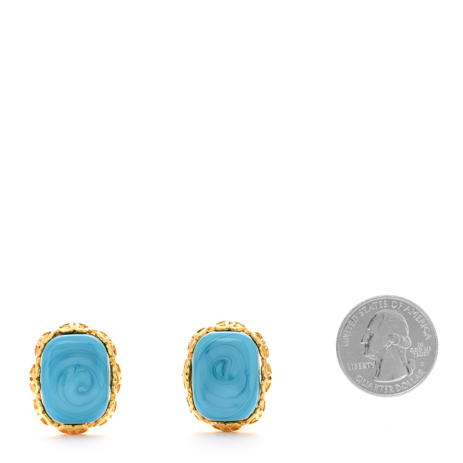 Chanel Metal Resin Marble CC Clip On Earrings Gold Turquoise 2 of 4