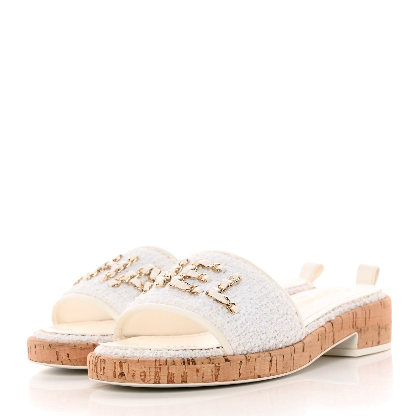 Tweed Cork CC Chain Mule Sandal 38 White