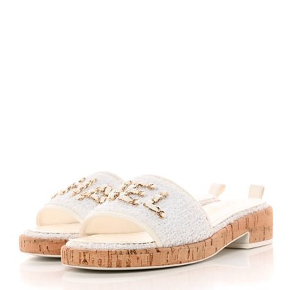 Chanel Tweed Cork CC Chain Mule Sandal 38 White 3 of 11