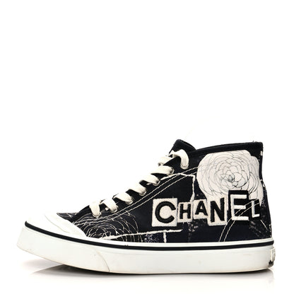 Chanel Printed Fabric High Top Logo Sneakers 37 White Black 1 of 10