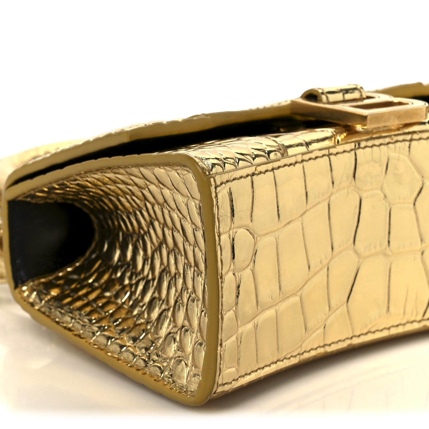 Metallic Calfskin Crocodile Embossed Hourglass Top Handle Bag XS Gold Gold