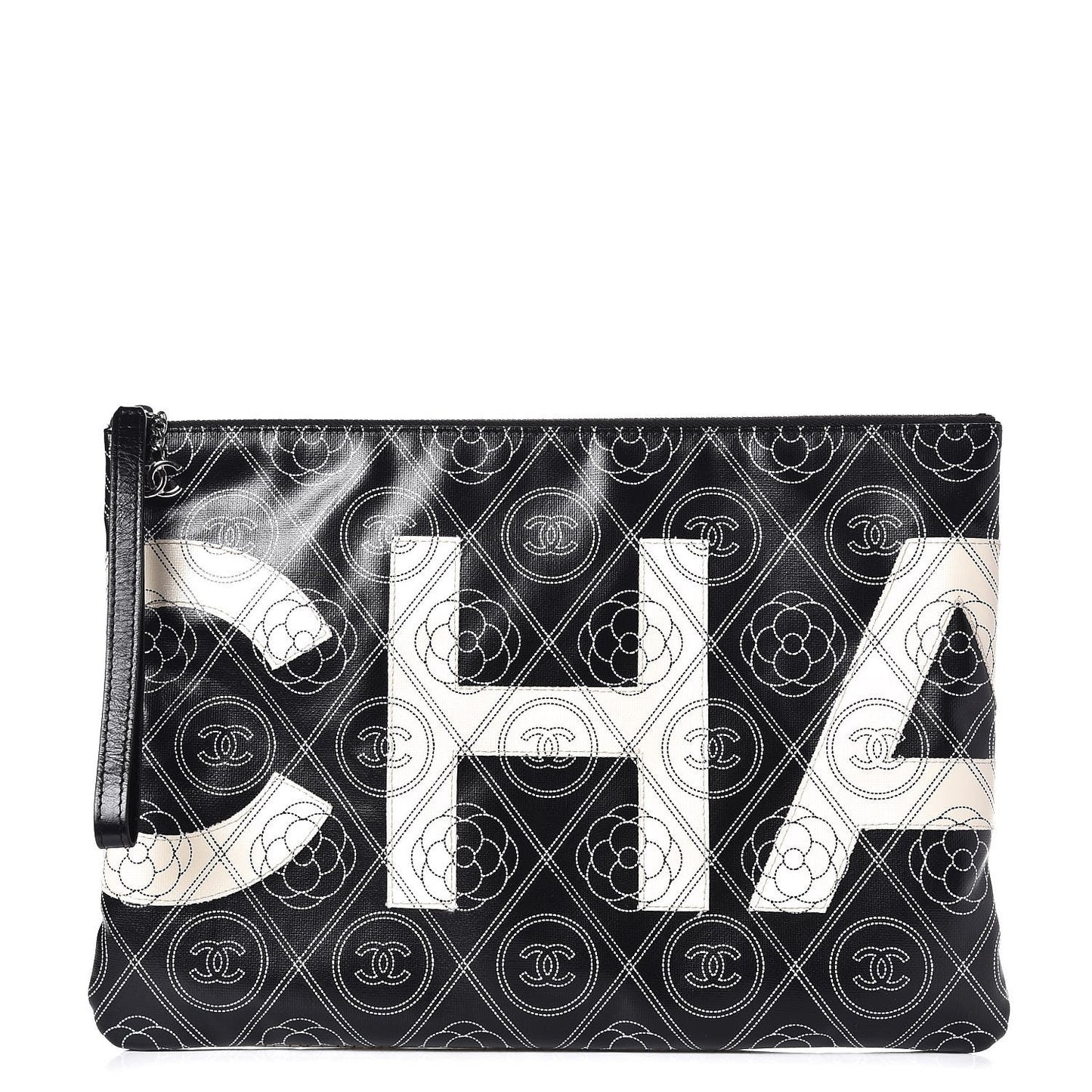 Coated Canvas Calfskin Camellia Printed Pouch Black Beige